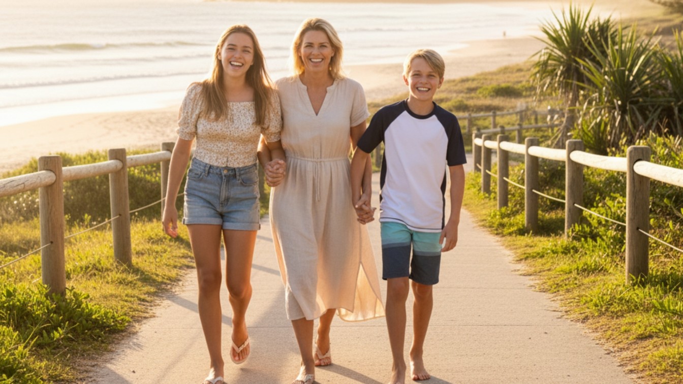 Family walking on Sunshine Coast beach representing choosing the best orthodontist for a healthy and confident smile
