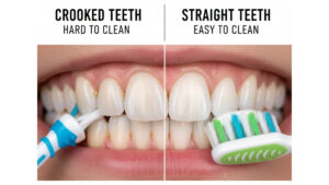 Comparison of crooked teeth vs straight teeth showing better oral hygiene benefits