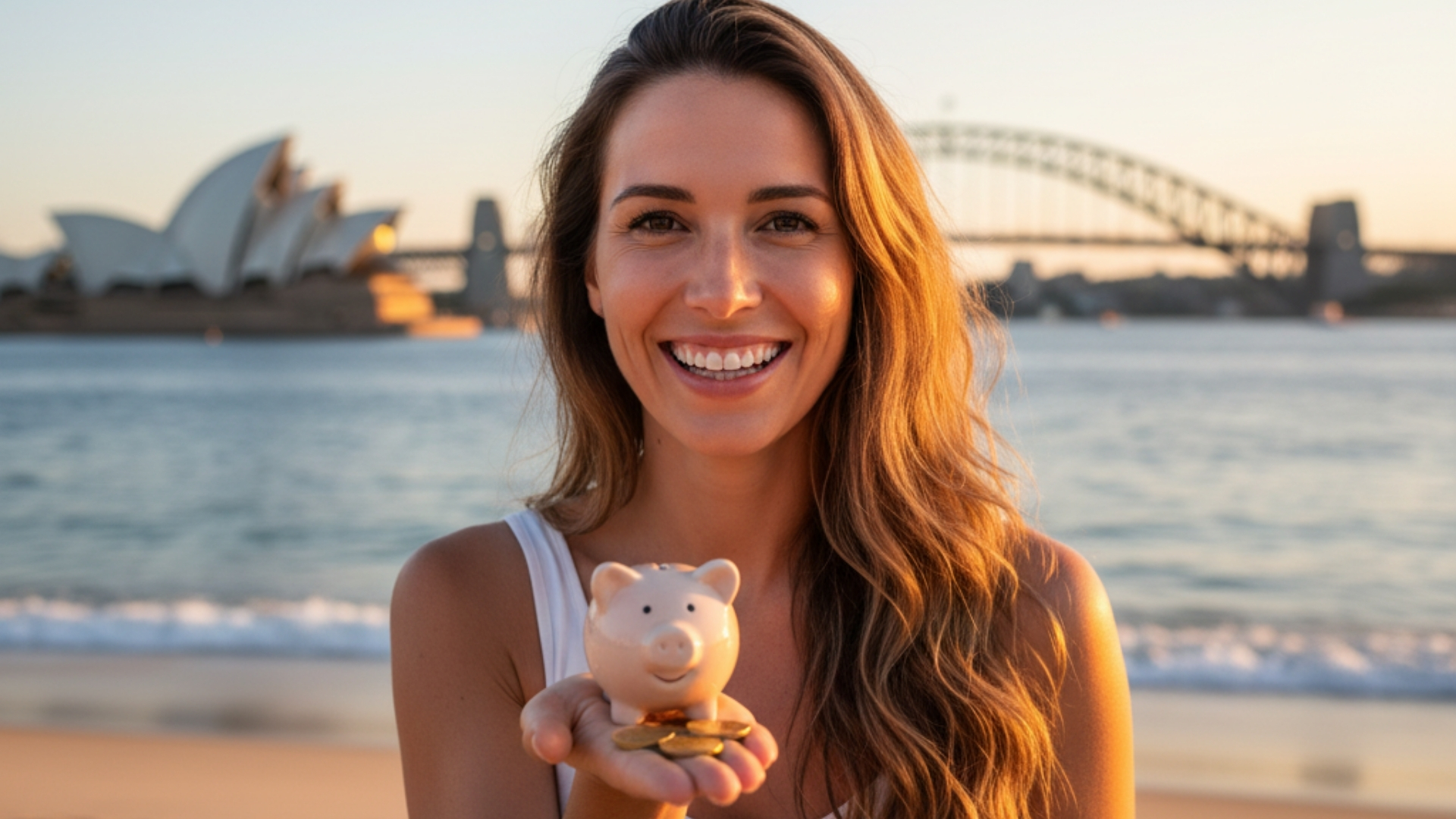Woman holding a piggy bank at Sydney beach representing orthodontic braces cost in Australia 2026