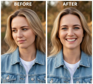 Before and after results of orthodontic treatment showing improved smile and teeth alignment
