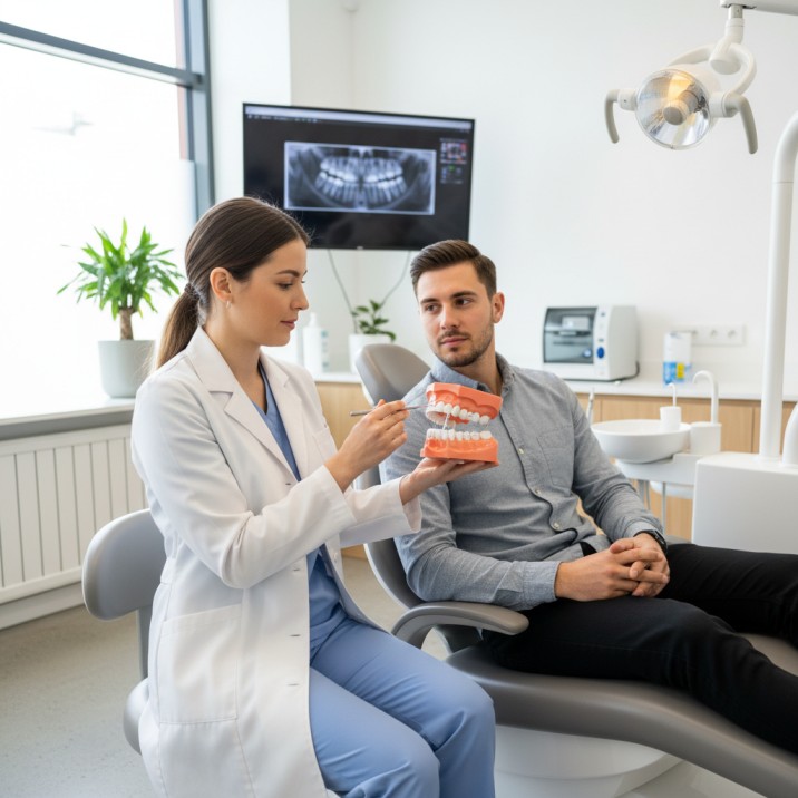 Dentist Explaining Retainers Use – A dentist demonstrating the use of a retainer to a patient