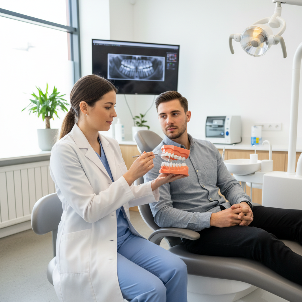 Dentist Explaining Retainers Use – A dentist demonstrating the use of a retainer to a patient