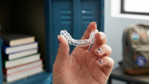 Close-up of a clear aligner designed for teenagers seeking a discreet orthodontic treatment.