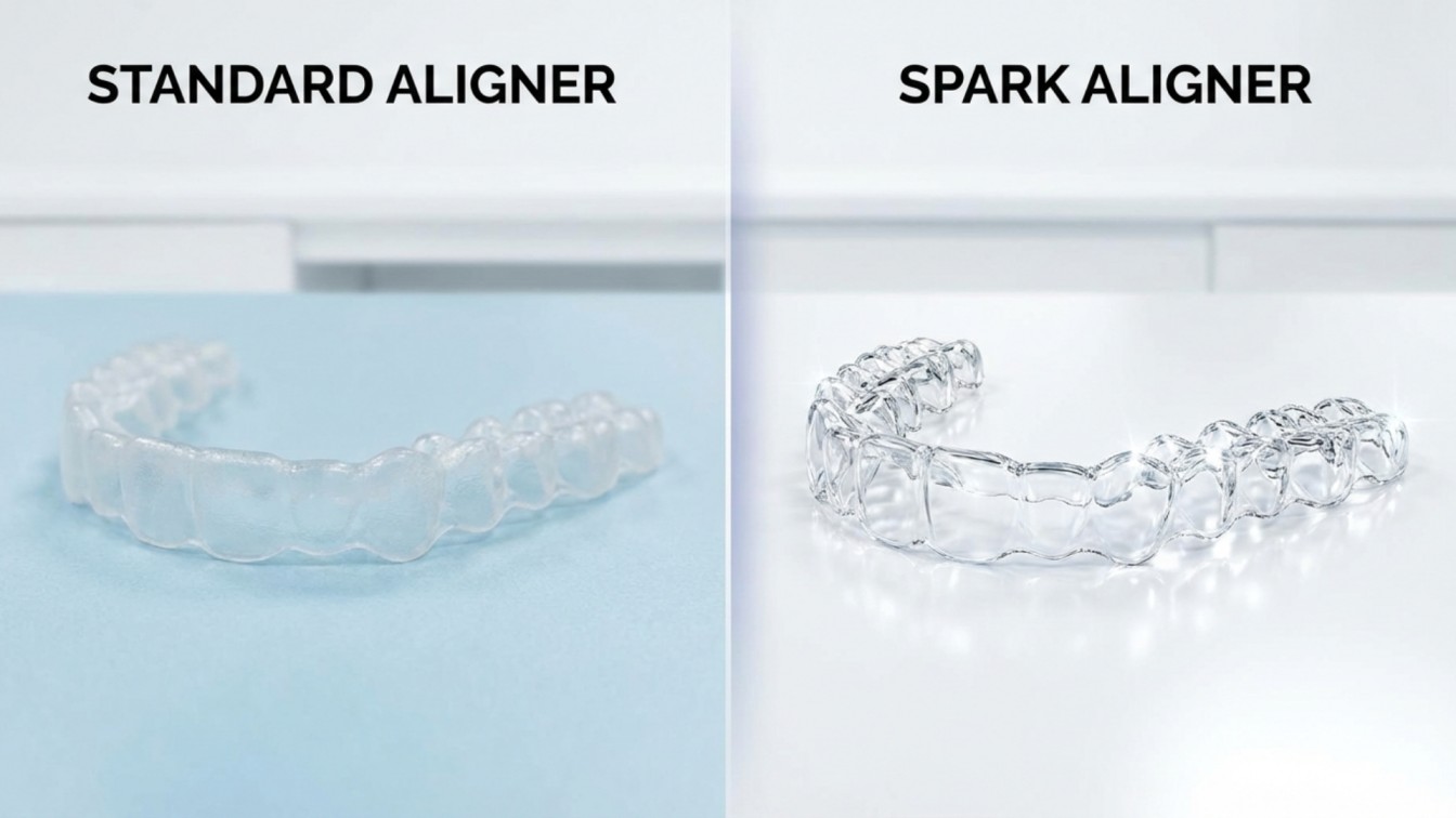 Spark Aligners vs Invisalign clear aligner comparison showing transparency and appearance differences.