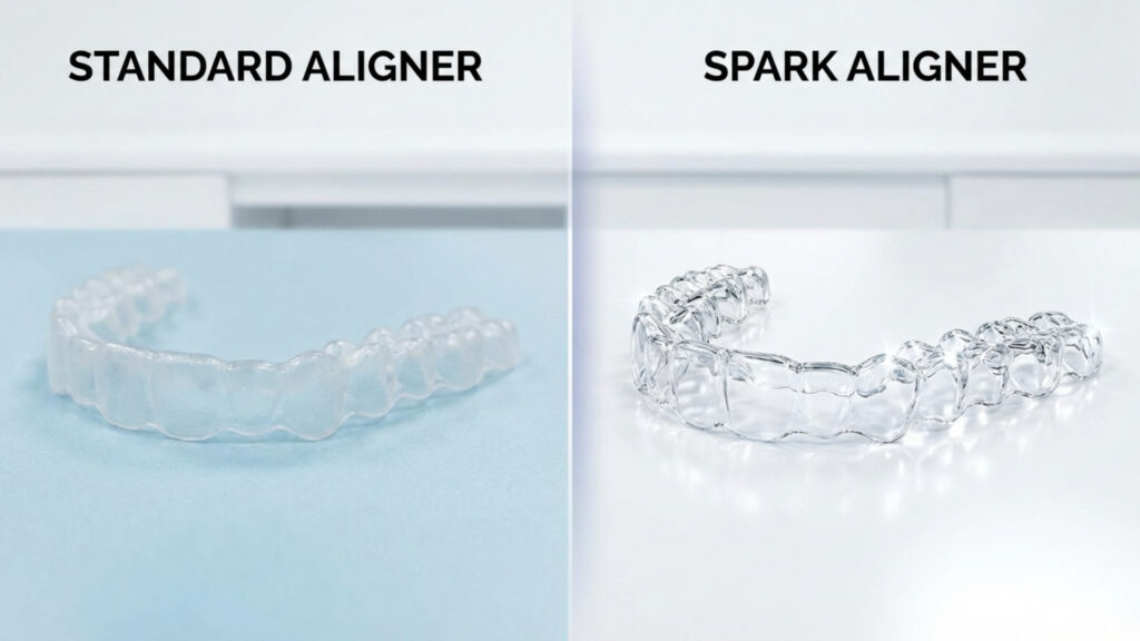 Spark Aligners vs Invisalign clear aligner comparison showing transparency and appearance differences.