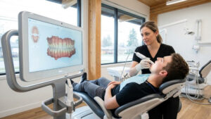 Orthodontist discussing braces and clear aligners with a teenage patient during a consultation.
