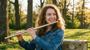 Teen wearing clear aligners while playing the flute, showing how aligners fit an active lifestyle.