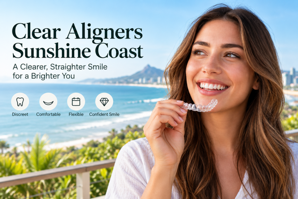 Clear Aligners Sunshine Coast – woman holding a clear aligner with a Sunshine Coast beach background
