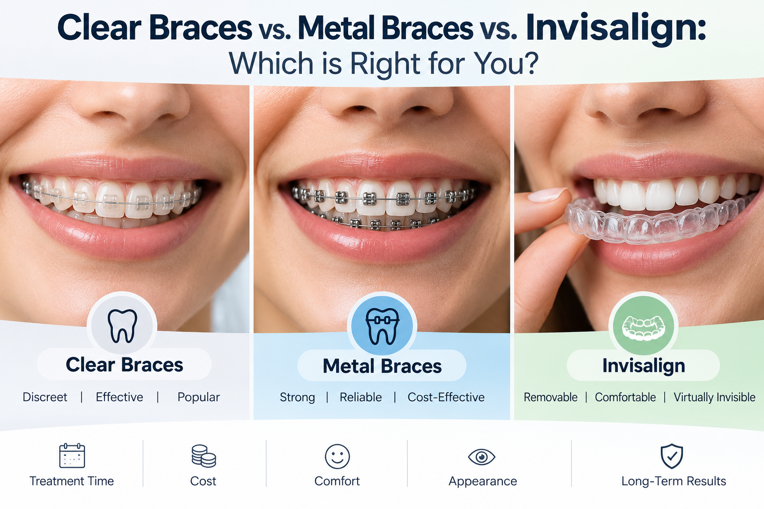 Clear braces vs metal braces vs Invisalign comparison